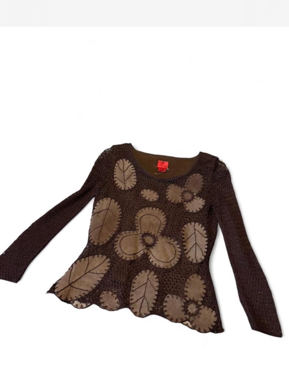 Very Vera Brown Crochet Lined Top • Suede Leaf Applique Whimsigoth Fairy S